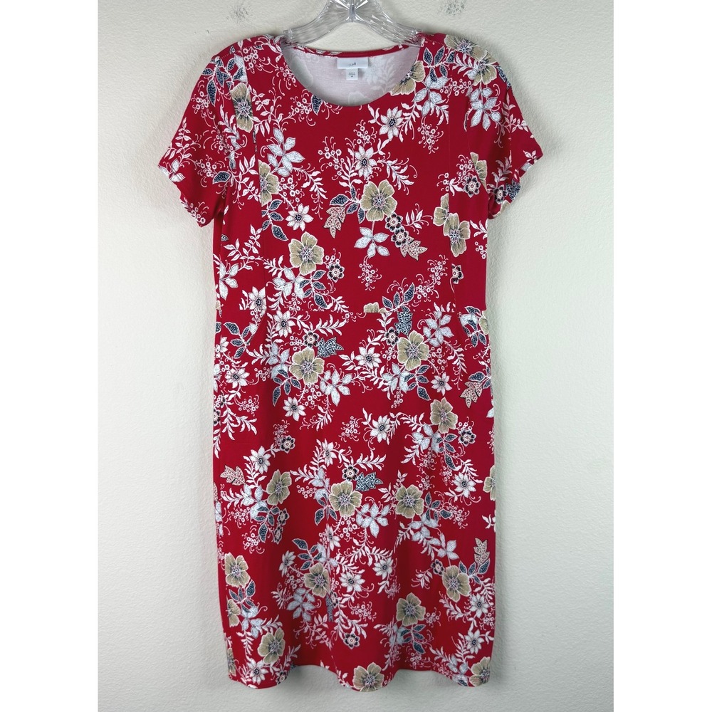 J. Jill Dress Women XS Red Floral Short Sleeve Rayon Lyocell Blend Knee Length